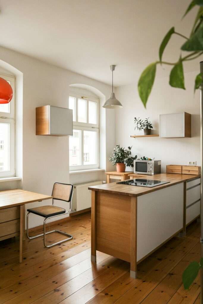 Opgeruimde houten keuken met een lege houten tafel en een leeg houten aanrechtblad.